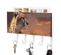 Cheetah Looking Out Over Savanna with Sunset Key Holder for Wall with 5 Hooks Decorative Key Holder Wall Mount, Keys Hooks Coat Rack Wall Decor, Perfect for Bathroom, Living Room, Kitchen, Housewarmin
