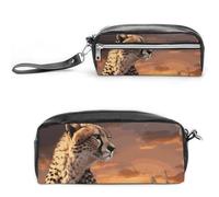 Cheetah Looking Out Over Savanna with Sunset Pencil Case, Large Capacity Pencil Pouch, Leather Small Makeup Bag, Portable Zipper Stationery Bag for Stationery, Travel Toiletry, Makeup, Supplies
