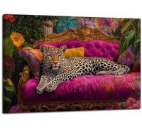 Cheetah Lying On Pink Sofa Canvas Wall Art Eclectic Leopard Wall Decor Pictures Maximalist Animal Portrait Poster Prints for Living Room Home Bedroom Home Decoration 16x24in Ready to Hang
