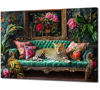 Cheetah Lying On Vintage Sofa Canvas Wall Art Eclectic Leopard Wall Decor Pictures Dopamine Animal Portrait Poster Prints for Living Room Home Bedroom Home Decoration 24x36in Ready to Hang