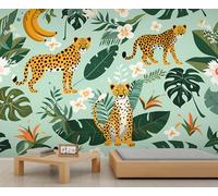 Cheetah Mural Tropical Plants Wallpaper Jungle Retro Wall Mural Oversized Wall Poster Style Playroom Cafe Decor Poster Background Decor (Non-self-Adhesive)