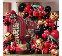 Cheetah Print Birthday Decorations, 132PCS Black Red Cherry Leopard Print Balloon Arch Garland Kit with Cherry and Leopard Foil Balloons for Girls Women Birthday Party