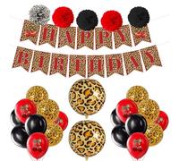 Cheetah Print Birthday Decorations Leopard Foil Round Balloons Happy Birthday Banner with Red and Black Cheetah Cherry Print Balloons for Girls Women Birthdays Bachelorette Party Decor Supplies