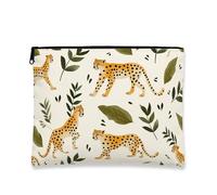 Cheetah Print Cosmetic Bag, Tropical Animal Makeup Pouch for Women, Portable Canvas Zipper Organizer, Summer Travel Toiletry Bag, Beige, 7x9 Inch, Cheetah