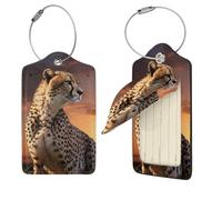 Cheetah with Sunset Luggage Tag for Suitcase PU Leather Suitcase Tag with Stainless Steel Loop and Address Card Baggage Tags Cute Bag Name Travel Tags ID Labels for Women Men 1