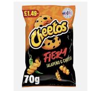 Cheetos Fiery Jalapeno & Cheese Snacks, Spicy Corn Crisps, 70g Bags, Pack of 18