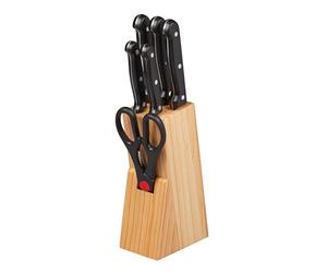 Chef Aid 7 Piece Knife Block Set, Pinewood Knife Block with 5 Kitchen Knives and All-Purpose Scissors, All with Shaped Grip Handles