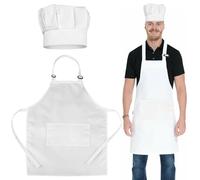 Chef Apron and Hat Set, White Chef Apron with 2 Pockets, Adjustable Waist Apron, Adult Chef Hat and Apron for Kitchen, Restaurant, Cooking, Coffee Shop, Bistro