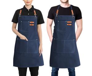 Chef Apron for Men Women, Cotton Canvas Apron with Large Pockets for Kitchen Cooking Baking Painting, Gardening, Work Aprons with Adjustable Strap for Shop, Restaurant, Cafe, Grilling, M to XXL (Blue)