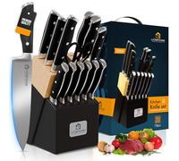 Chef Grace 13pc Kitchen Knife Set with Wooden Block + Built in Sharpener. German Stainless Steel, Triple-Rivets, Ergonomic. Includes Chef, Bread, Carving, Utility, Steak & Paring Knives + Scissors