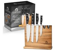 Chef Grace Acacia Wood Magnetic Knife Holder + Built in Sharpener (Knives not Included). Premium Double-Sided Magnetic Knife Holder and Storage Rack. Large Capacity and Blade Protection..