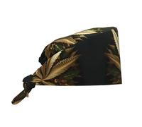 Chef Hat Golden Cannabis Pattern Working Hat Adjustable Sweatband Comfortable Cleaning Working Cap For Sport Housework Cooking