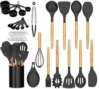 Chef Kitchen Cooking Heat Resistent Utensils Set, 33 pcs Non-Stick Utensils Spatula Set with Holder, Wooden Handle Silicone Kitchen Gadgets-Black OR Grey