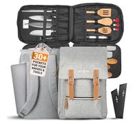 Chef Knife Bag Vintage Backpack | 30+ Pockets for Knives and Chef Tools | Knife Carrying Case with Hidden Back Pocket for Tablet | Sturdy Knife Bag for Chefs & Culinary Students (Grey)