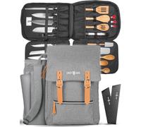 Chef Knife Bag Vintage Backpack | 30+ Pockets for Knives and Chef Tools | Knife Carrying Case with Hidden Back Pocket for Tablet | Sturdy Knife Bag for Chefs & Culinary Students (Grey)