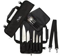 Chef Knife Roll Bag (6 Slots) is Padded and Holds 5 Knives Plus a Protected Pouch for Your Knife Steel! Our Durable Knife Carrier Includes Shoulder Strap, Handle, and Business Card Holder. (Bag Only)