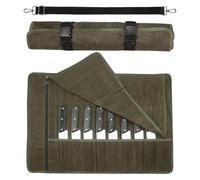 Chef Knife Roll Bag,Waxed Canvas Knife Travel Case,Heavy Duty Professional Knife Carrier Storage Holder with 10 Slots,Portable Kitchen Culinary Tool Organizer for Men,Fits up to 18.8”Knives Army Green