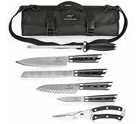 Chef Knife Set, 8 Pieces Damascus Steel Knives with Portable Roll Storage Bag, Carving Fork, Knife Sharpener and Kitchen Shears for Outdoor Camping BBQ Travel