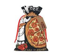 (Chef Pizza) Print Christmas New Year Candy Gift Bag, Red Xmas Ribbon Drawstring Bags for Kids Xmas Holiday Eve Presents S Size