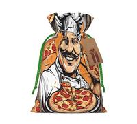 Chef Pizza -Print Reusable Burlap Pouches - Rustic Wedding Favor Bags For Celebrations, Personalized Drawstring Bags Kraft Tag.