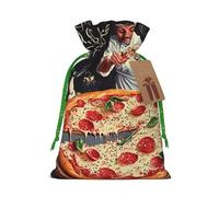 Chef Pizza Printed Christmas Drawstring Bags Reusable Bag for Party Xmas Gift Wrapping, Green Christmas Ribbon, S