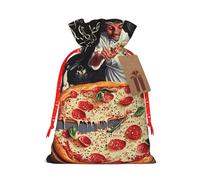 Chef Pizza Printed Christmas Drawstring Bags Reusable Bag for Party Xmas Gift Wrapping, Red Ribbon, M
