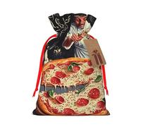 Chef Pizza Printed Christmas Drawstring Bags Reusable Bag for Party Xmas Gift Wrapping, Red Ribbon, M
