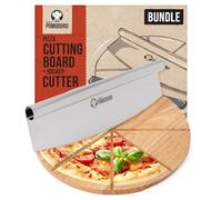 Chef Pomodoro Pizza Rocker Cutter & Cutting Board Set, 14-in | Stainless Steel Slicer with Wooden Serving Board & Cutting Guide