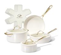 Chef Power Ceramic Cookware Sets, 10Pcs Pots and Pans Set Non Stick, Cookware Set with Stainless Steel Handle, Dishware & Oven Safe, Cream White and Light Gold Handle