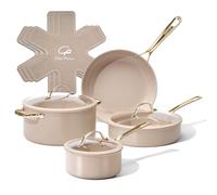 Chef Power Ceramic Cookware Sets, 10Pcs Pots and Pans Set Non Stick, Cookware Set with Stainless Steel Handle, Dishware & Oven Safe, Taupe and Light Gold Handle