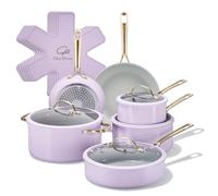 Chef Power Ceramic Cookware Sets, 15Pcs Pots and Pans Set Non Stick, Cookware Set with Stainless Steel Handle, Dishware & Oven Safe, Light Purple and Granite Grey