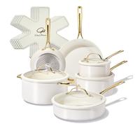Chef Power Ceramic Cookware Sets, 15Pcs Pots and Pans Set Non Stick, Cookware Set with Stainless Steel Handle, Dishware & Oven Safe, Cream White and Light Gold Handle