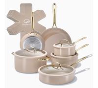 Chef Power Ceramic Cookware Sets, 15Pcs Pots and Pans Set Non Stick, Cookware Set with Stainless Steel Handle, Dishwasher & Oven Safe, Taupe and Light Gold Handle