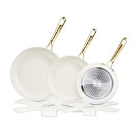 Chef Power Ceramic Frying Pan with Stainless Steel handle 5Pcs Set, Non Stick Grill Pan Set, Dishwasher and Oven Safe, Cream White and Light Gold Handle