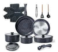Chef Power Ceramic Nonstick Cookware Set 19 Piece with Detachable Handle, Induction Dishwasher Oven Safe Pans and Pots Set, RV Kitchen Set Removable Handle, Rock Stone Black