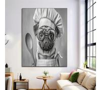 Chef Pug Canvas Paintings on the Wall Art Posters and Prints, Animal Portrait Pictures Living Room Office Modern Home Decoration, 16x20in Artistic Canvas Print, Light Gray