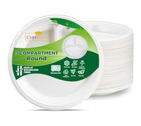 CHEF ROYALE 10 White Disposable Bagasse Sugarcane Plates, 3CP Large White Bagasse Plates for Everyday Use, 3 Compartment Food Tray Eco-Friendly, Biodegradable and Compostable, Ideal for Picnics