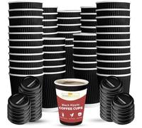 CHEF ROYALE 100x 8oz Black Disposable Coffee Cups with Lids - Insulated Triple Walled Takeaway Cups for Hot and Cold Drinks - Ripple Cups for Christmas, Birthdays, Parties (100, Black)