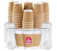 CHEF ROYALE 100x 8oz Disposable Paper Coffee Cups with Lids Ideal for Hot & Cold Drinks - Insulated Triple Wall Kraft Cups - Eco Friendly for Your Home, Office and Events