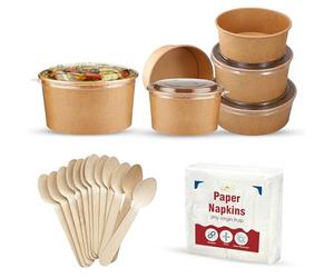 CHEF ROYALE 20 X 18oz Brown Disposable Kraft Salad Bowls with Lids + 50 Spoon + 50 Napkins Takeaway Mealbox Freezer and Microwave Safe for Bars, Restaurants (18oz / 500ml)