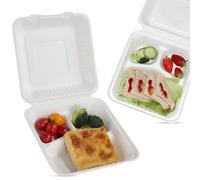 CHEF ROYALE 25x Bagasse Clamshell Lunch Box 3 Compartment White Colour Size 9 Inch Super Rigid Biodegradable, Compostable & Recyclable Disposable Food Boxes - Heavy-Duty to Go Boxes for Food (25)