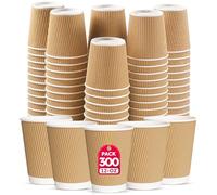 CHEF ROYALE 300x 12oz Disposable Kraft Ripple Paper Hot Coffee Cups - Paper Cups for Hot and Cold Drinks - Insulated Takeaway Coffee Cups for Eco-Friendly Hot Cups Wedding Birthday Party (300, 12oz)