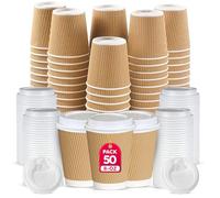 CHEF ROYALE 50x 8oz Kraft Disposable Coffee Cups with Lids - Insulated Triple Walled Takeaway Cups for Hot and Cold Drinks - Ripple Cups for Christmas, Birthdays, Parties (50, Kraft)