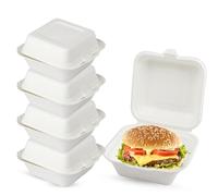 CHEF ROYALE 6" Inches Bagasse Burger Box. Disposable White Bagasse Box for Burger.Biodegradable and Compostable Sugarcane Clamshell Takeaway Box. (50)