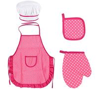 Chef Set for Kids, Adjustable Cooking Apron for Toddler, Children Kitchen Baking with Child Chef Hat, Kids Cooking Mitt, Heat Resistant Mat for Boys Girls Age 3-8 Years Old (Rose Red)