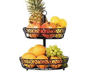 Chefarone 2-Tier Fruit Bowl Large Basket, Keeps Fruits & Vegetables Fresh, Vintage Style Stand, Black Countertop Metal Bowls for Kitchen (30 X 30 36cm)
