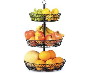 Chefarone 3-Tier Fruit Bowl, Countertop Metal Basket, Black Bowls Vintage Style (34 X 34 X 52cm)