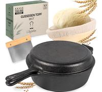Chefarone 3L Cast Iron Dutch Oven with Skillet Lid, Bread Set | Bake sourdough, cook stews and more with a 3L cast iron Dutch oven, skillet lid, proving basket and dough scraper