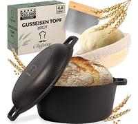 Chefarone Cast Iron Pot 2-in-1, Dough Scraper, Bread Baking Mould Lid, 4.6 Litres Roasting Dish for Oven, Safe Pot for Home