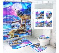 CHEFFS 4-Piece Wolf Shower Curtain Sets Forest Moon Wolf Shower Curtain Forest Moon Wolf Shower Curtain Wolves Textile Forest Animal Shower Curtain Set Polyester Fabric (200 x 240 cm (W x H), 7)